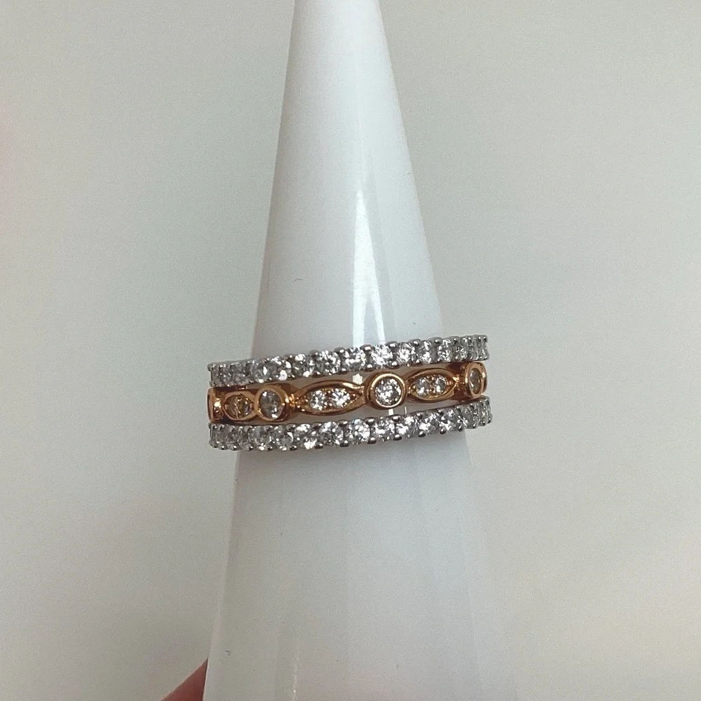 Sizes 4-10, 3 Pc Two Tone .925 Cz Eternity Band Ring Set - Picture 6 of 16